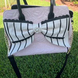 Betsey Johnson rose quilted pink satchel beige & black stripes bow accent